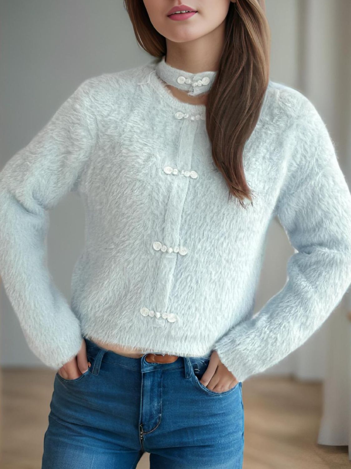Long Sleeve Buttoned Cutout Knot Cardigan for Women's Fashion