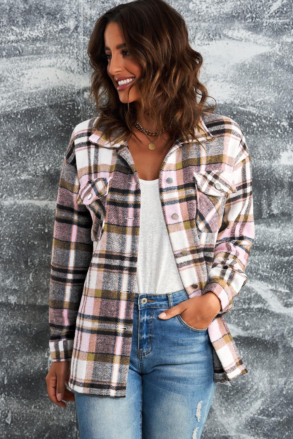 Stylish Plaid Button-Front Casual Shirt Jacket with Functional Breast Pockets