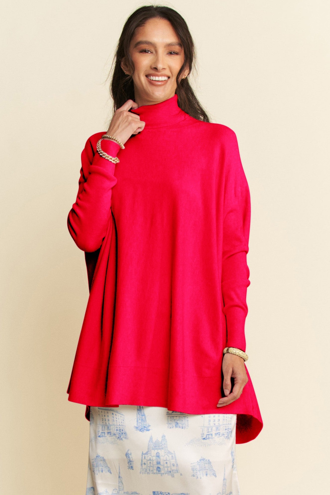 Davi & Dani Fashionable High-Low Turtleneck Long Sleeve Knitted Women's Top