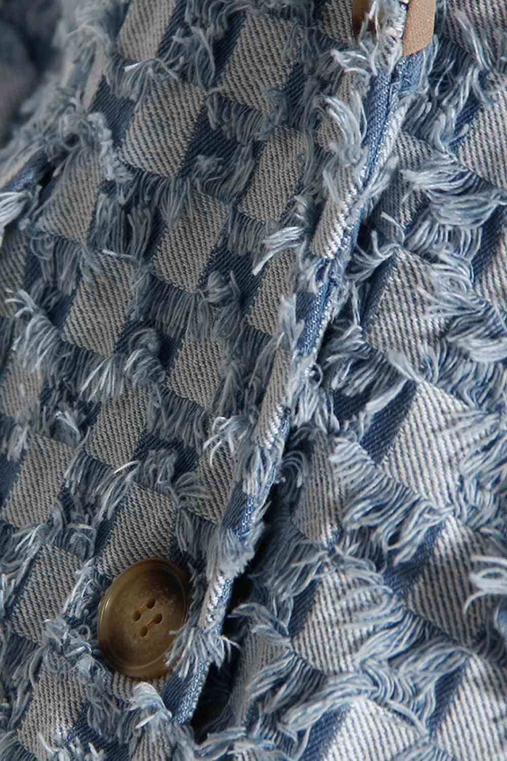 Double Take Long Sleeve Denim Jacket with Lapel Collar and Fringe Details