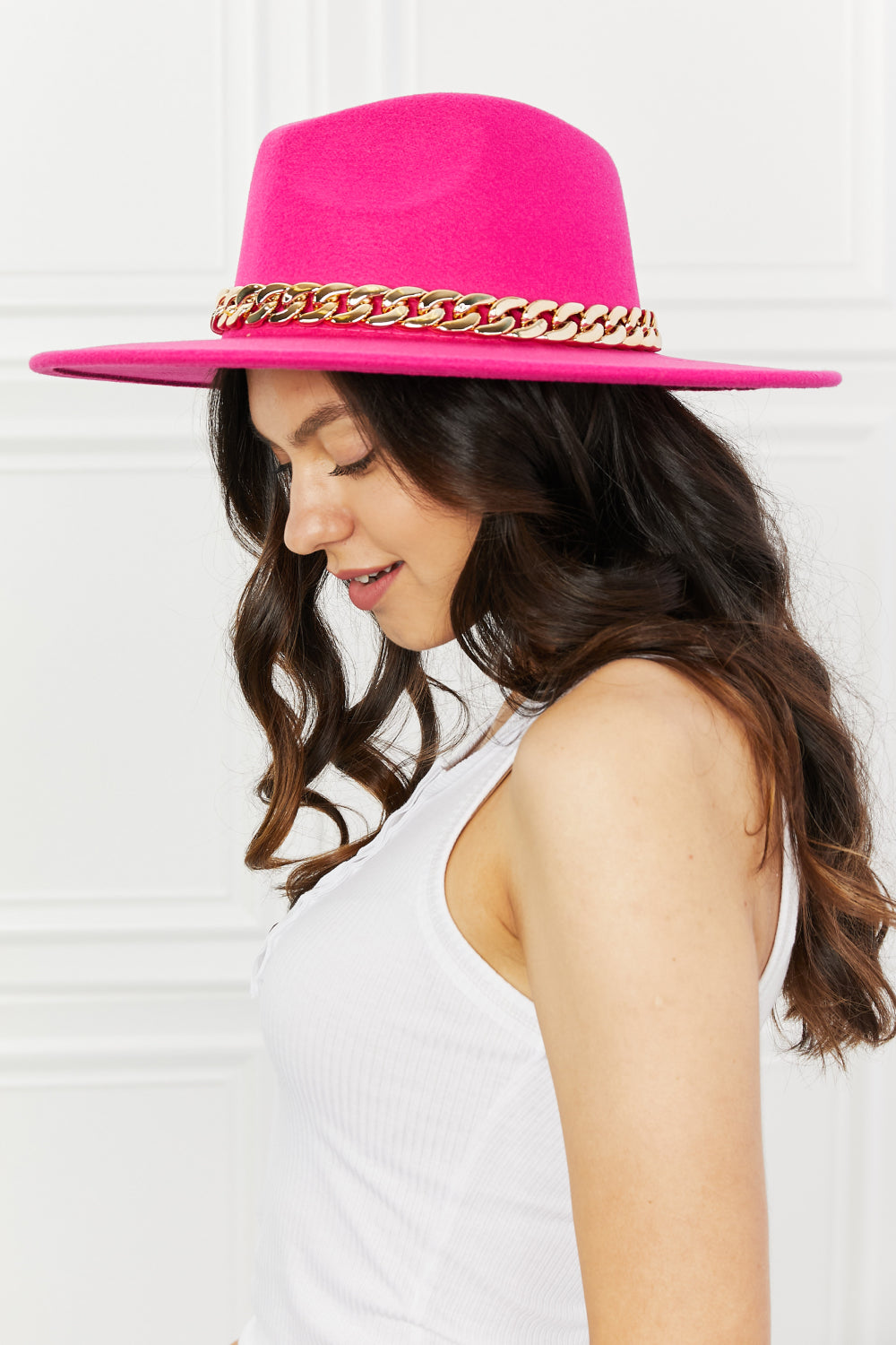Stylish Pink Fedora Hat with Chain Detailing by Fame