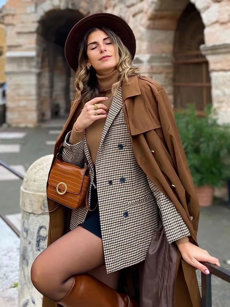 Stylish Autumn Women's Plaid Double - Breasted Blazers for Office Work