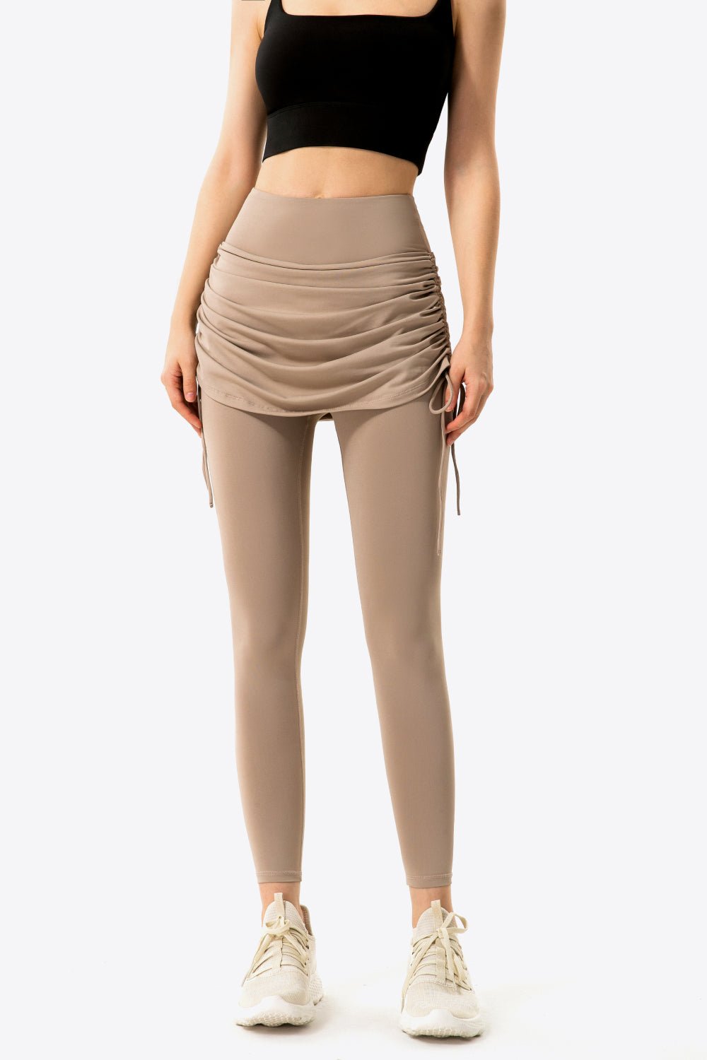 Soft and Breathable Drawstring Ruched Faux Layered Stretch Yoga Leggings