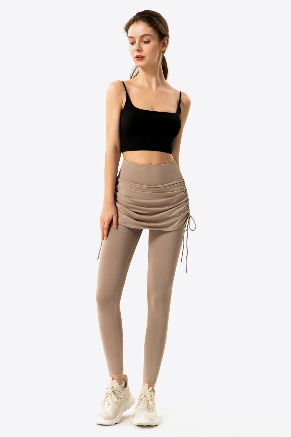 Soft and Breathable Drawstring Ruched Faux Layered Stretch Yoga Leggings
