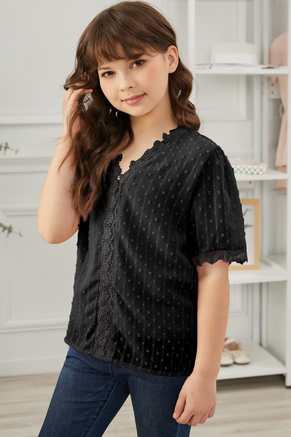 Summer Girls' Blouse with Swiss Dot and Spliced Lace for 4 - 13 Years Old