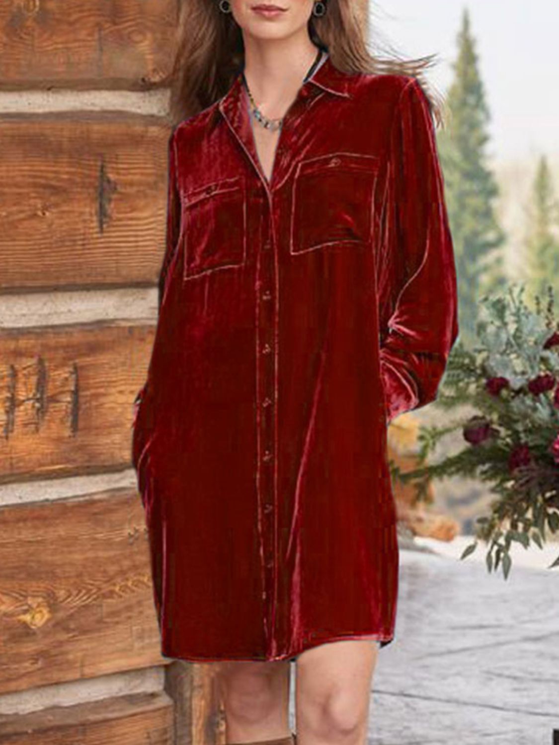 Long Sleeve High-Low Button-Up Knee-Length Opaque Dress with Pockets