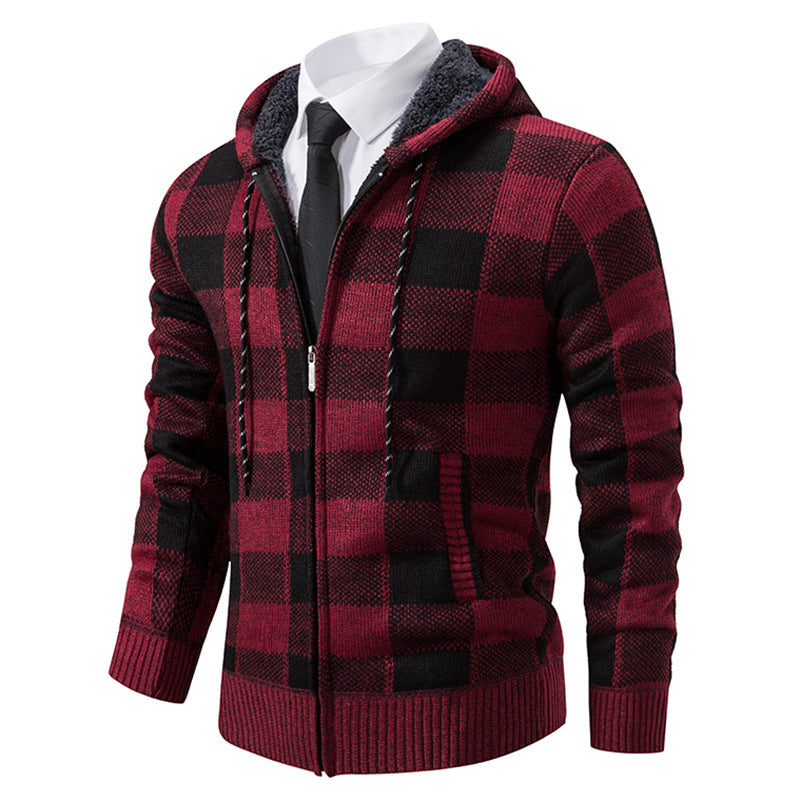 Men's Warm Plaid Thickened Cardigan Sweater Coat