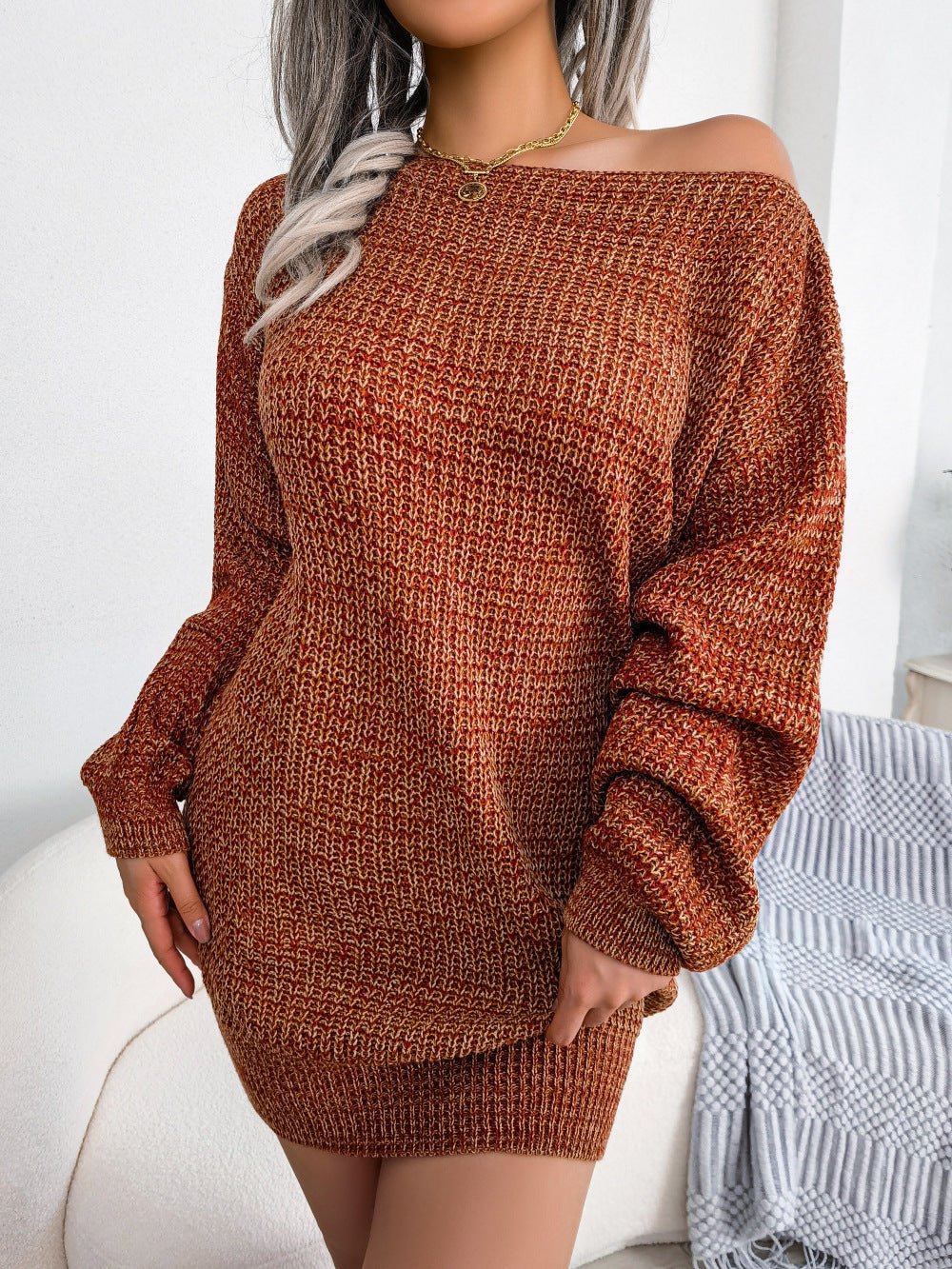 Casual Heathered Boat Neck Lantern Sleeve Mini Sweater Dress for Women