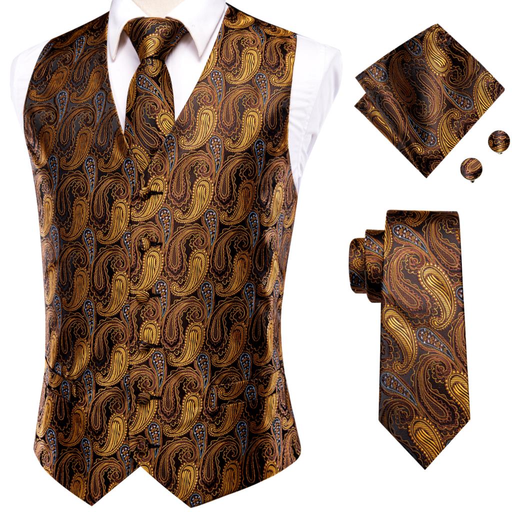 Hi-Tie Men's 4-Piece Luxury Silk Vest, Tie, Handkerchief & Cufflinks Set