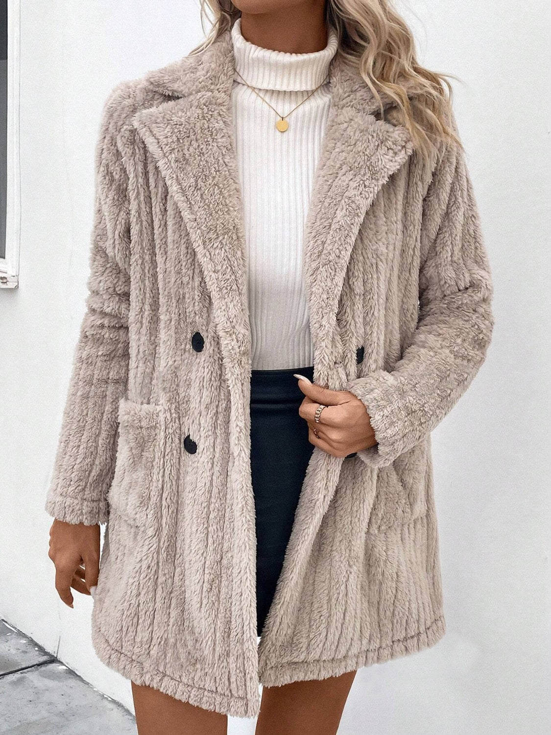 Cozy Fuzzy Long Sleeve Button - Up Coat with Practical Pockets
