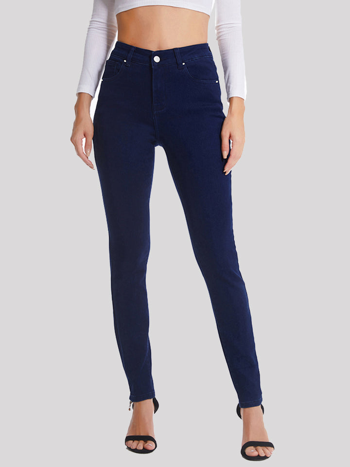 Full-Length Buttoned Jeans in Solid Pattern with Stretchy Fit