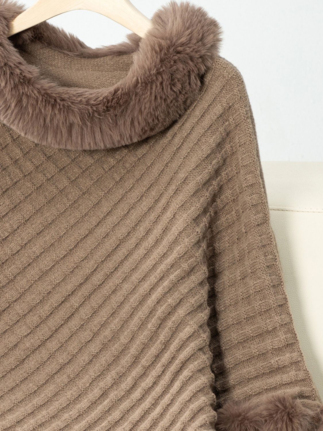 Fashionable Three-Quarter Sleeve Poncho with Fuzzy Trim Texture