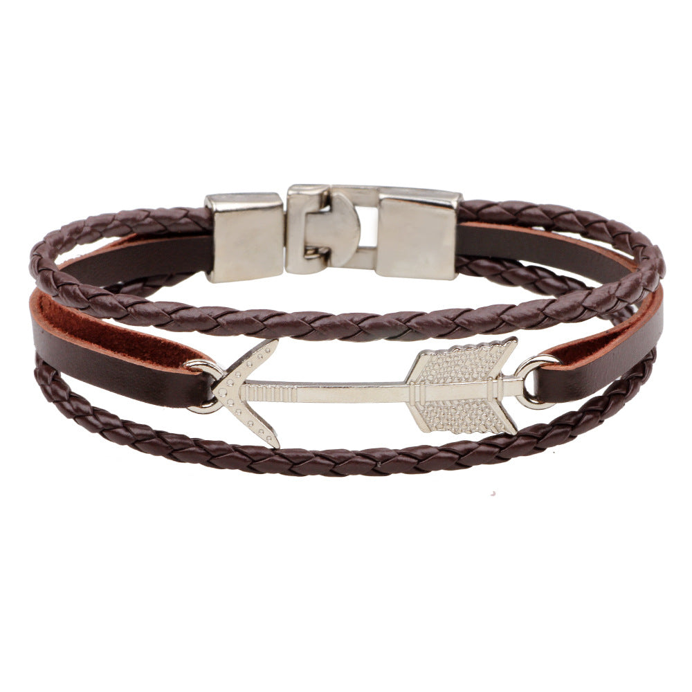 Men's Fashionable Retro-Style Alloy Arrow Leather Braided Wrist Bracelet