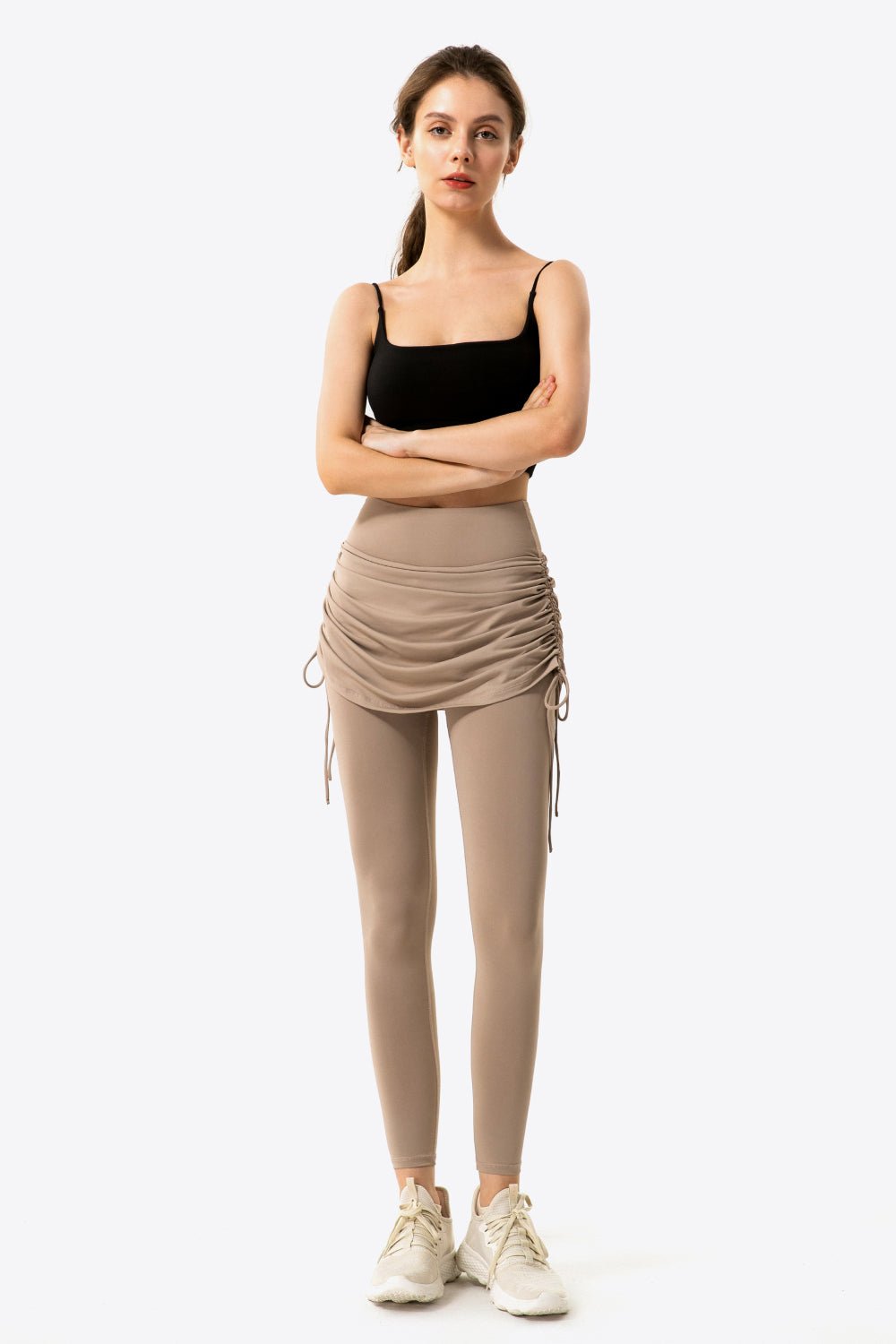 Soft and Breathable Drawstring Ruched Faux Layered Stretch Yoga Leggings