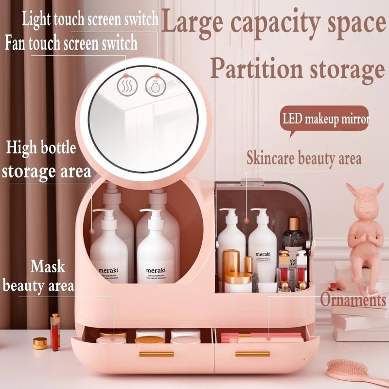 High-End Quality Makeup Storage Case with LED Lighting and Fan - A Modern Desktop Make Up Organizer Drawer for Skincare, Lipstick, and Cosmetics Beauty Box
