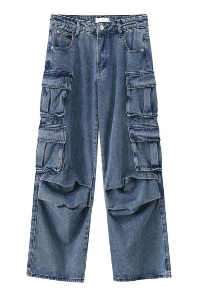 Men's Stretch-Free Multi-Pocket Pleated Cargo Cotton-Viscose Jeans