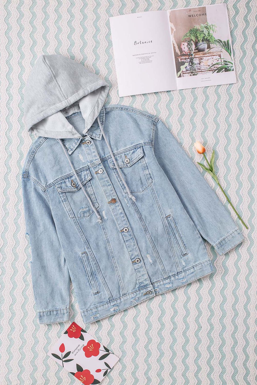 Casual Distressed Denim Hooded Jacket with Drawstring