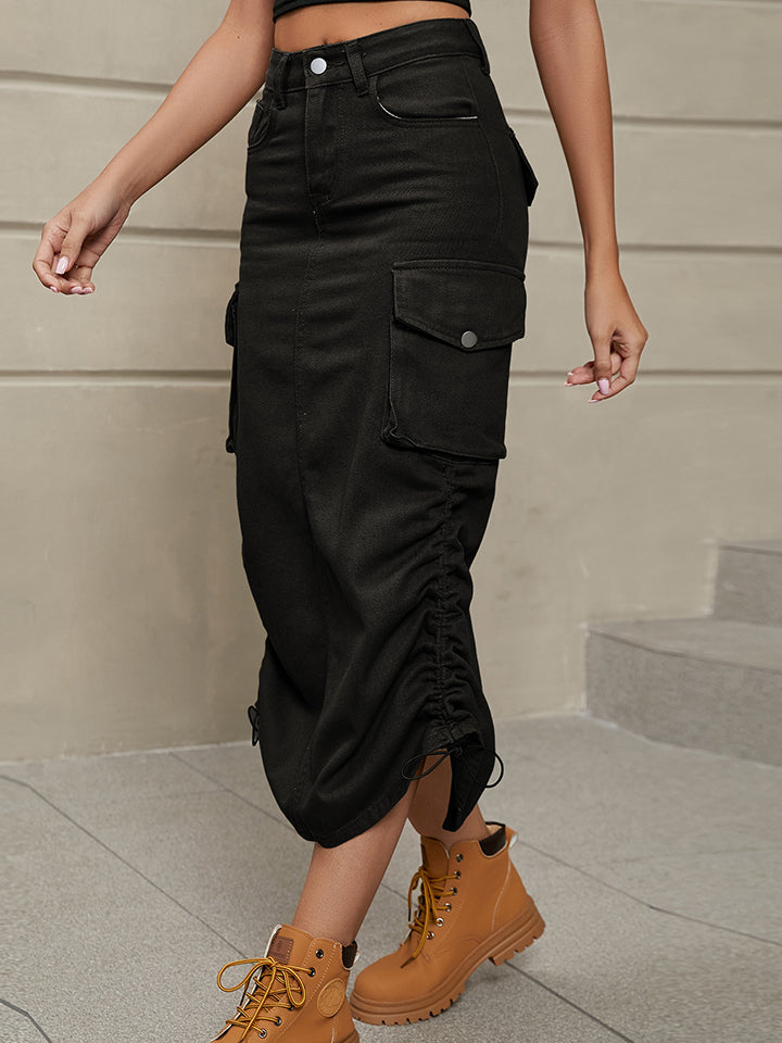 Denim Drawstring Skirt with Functional Pockets for Women
