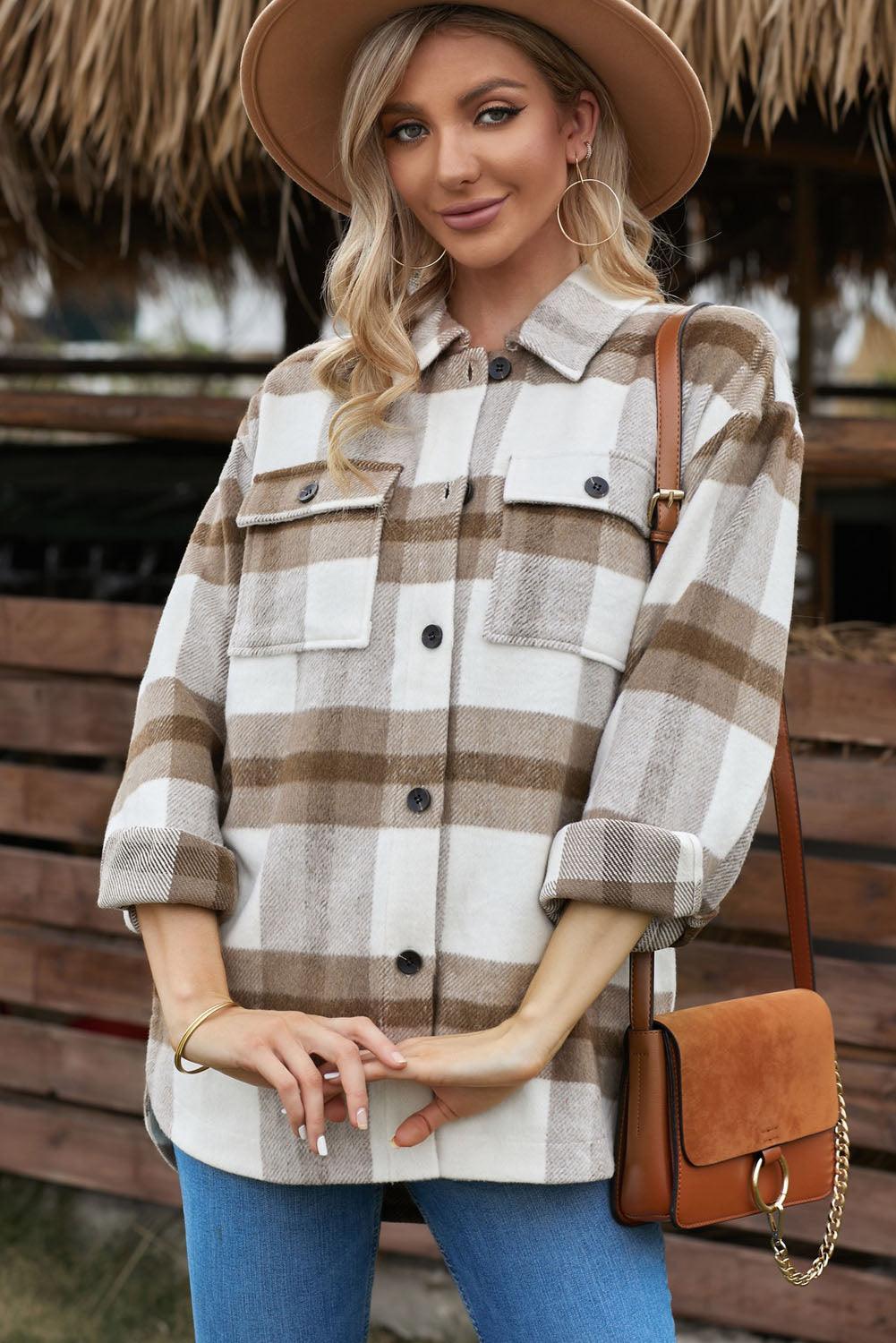 Casual Plaid Dropped Shoulder Pocket Buttoned Shacket for Everyday Wear