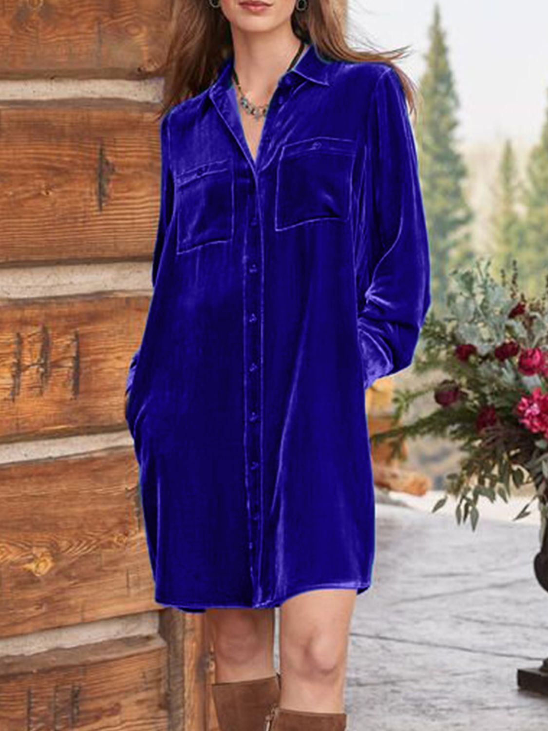 Long Sleeve High-Low Button-Up Knee-Length Opaque Dress with Pockets