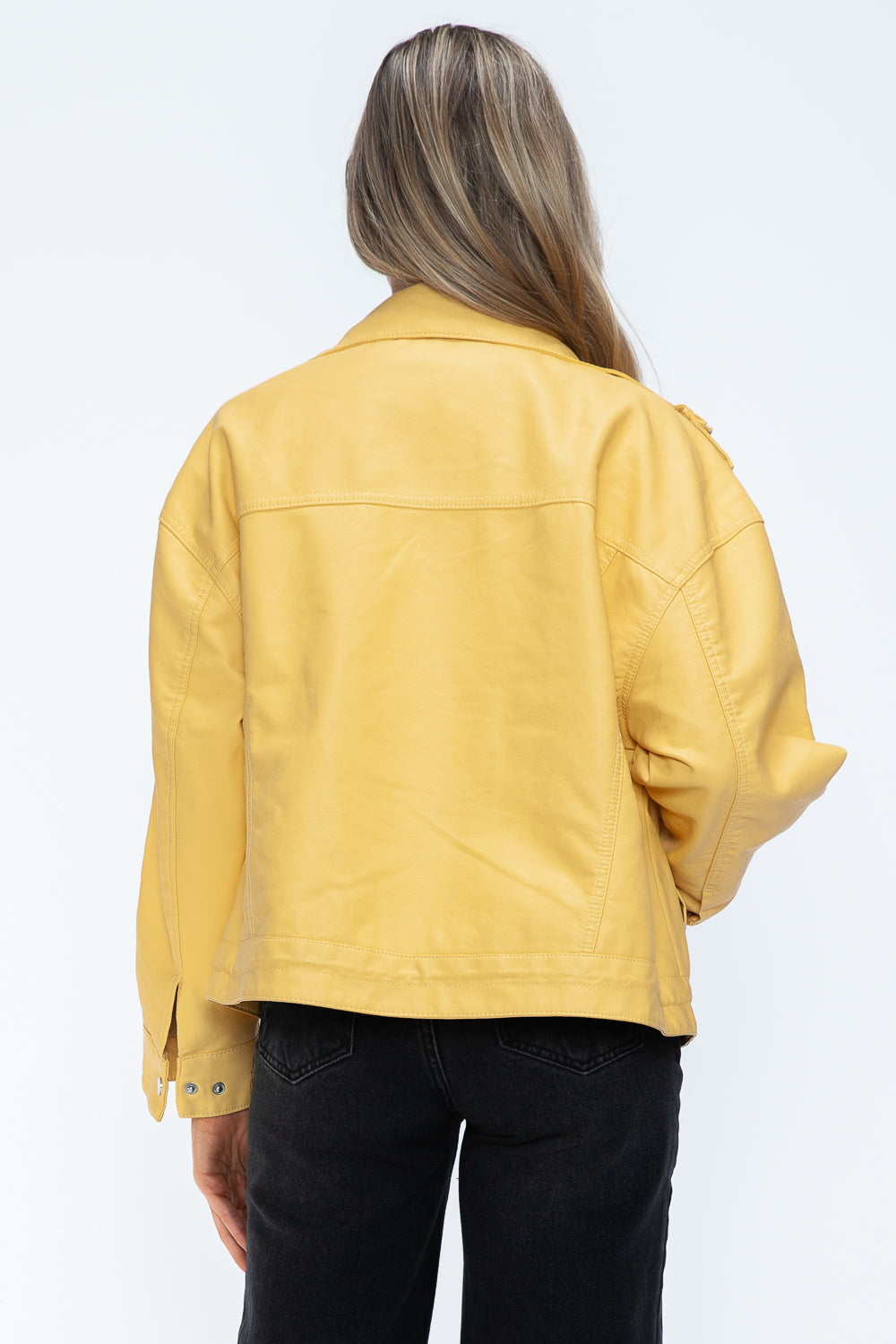 Stylish PU Leather Zip - Up Jacket with Adjustable Drawstring Hem