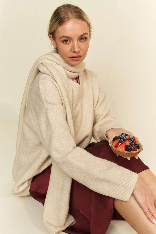 Davi & Dani Cozy V-Neck Dropped Shoulder Sweater Set with Scarf