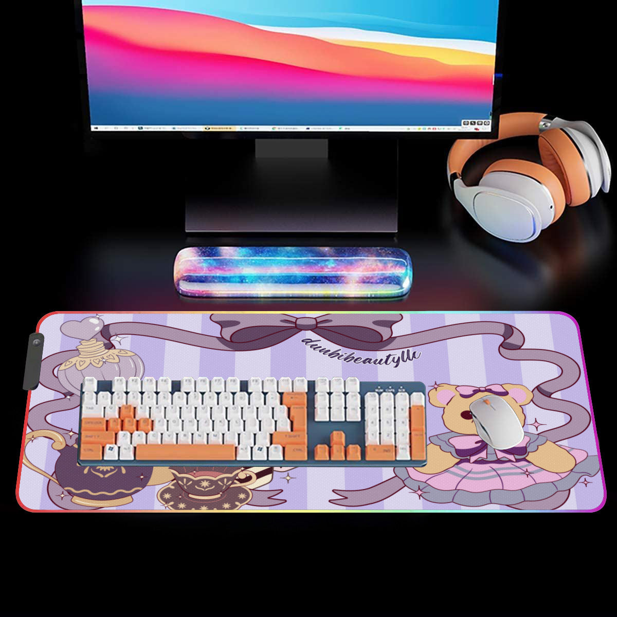 Dunbi Designed Illuminated Rubber Mouse Pad with Cute Teddy Bear, Tea Party, Ribbon, Bows, Cakes, Victorian, Doll, Cute Girl, Purple Style 1, Stripes Patterns
