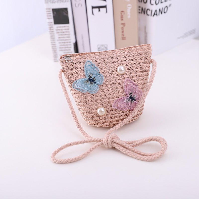 Girls' Summer Straw Hat with Butterfly Pattern and Matching Accessory Bag (Sold Individually)