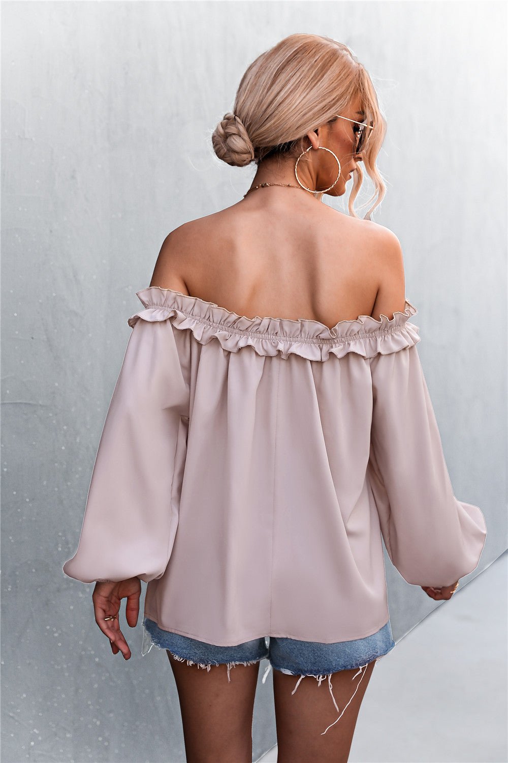 Fashionable Women's Frill Trimmed Off-Shoulder Balloon Sleeve Blouse Top