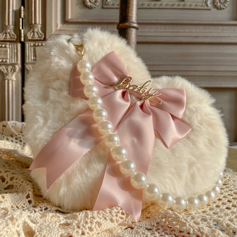 Adorable Lolita Heart-Shaped Pearl Chain Plush Tote Bag
