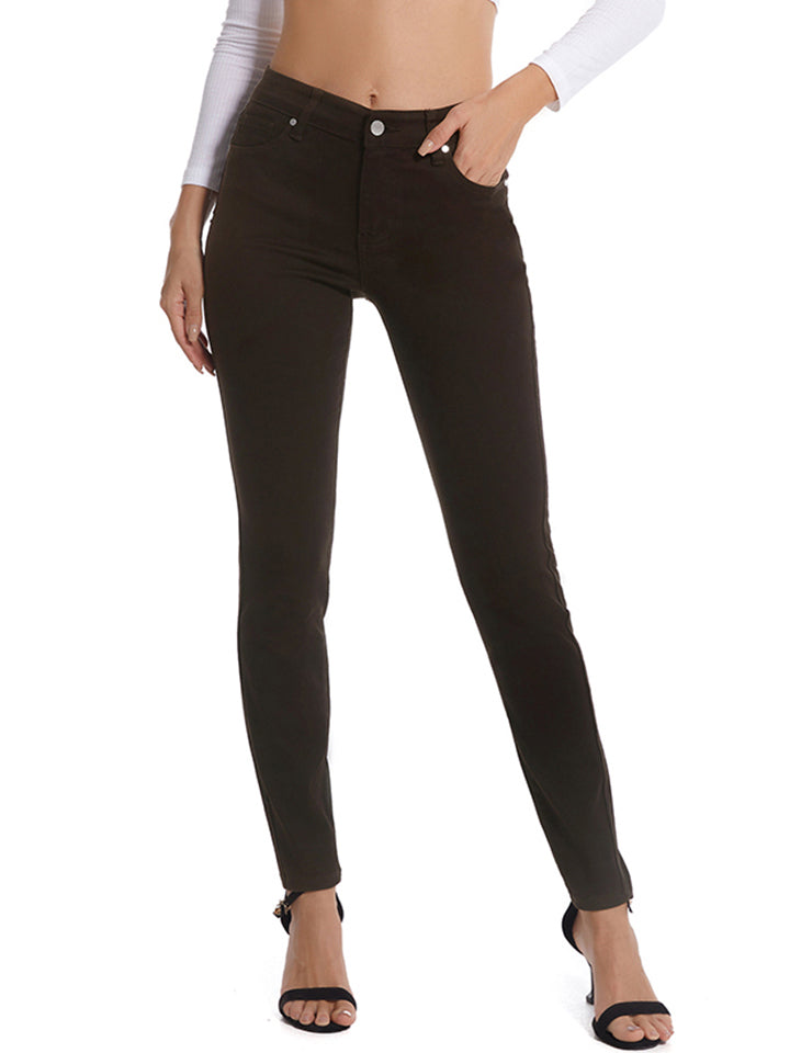 Full-Length Buttoned Jeans in Solid Pattern with Stretchy Fit