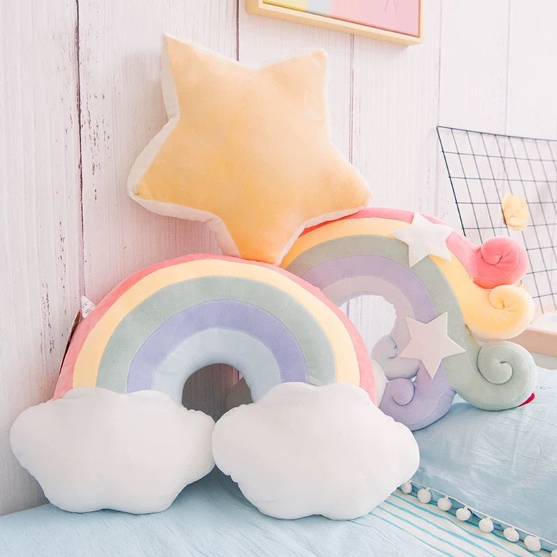 Instagram-Famous Candy-Colored Rainbow, Lucky Cloud, Star, and Moon Plush Throw Pillow for Sofa and Home Decoration with a Colorful Crown - Memorable Cushion