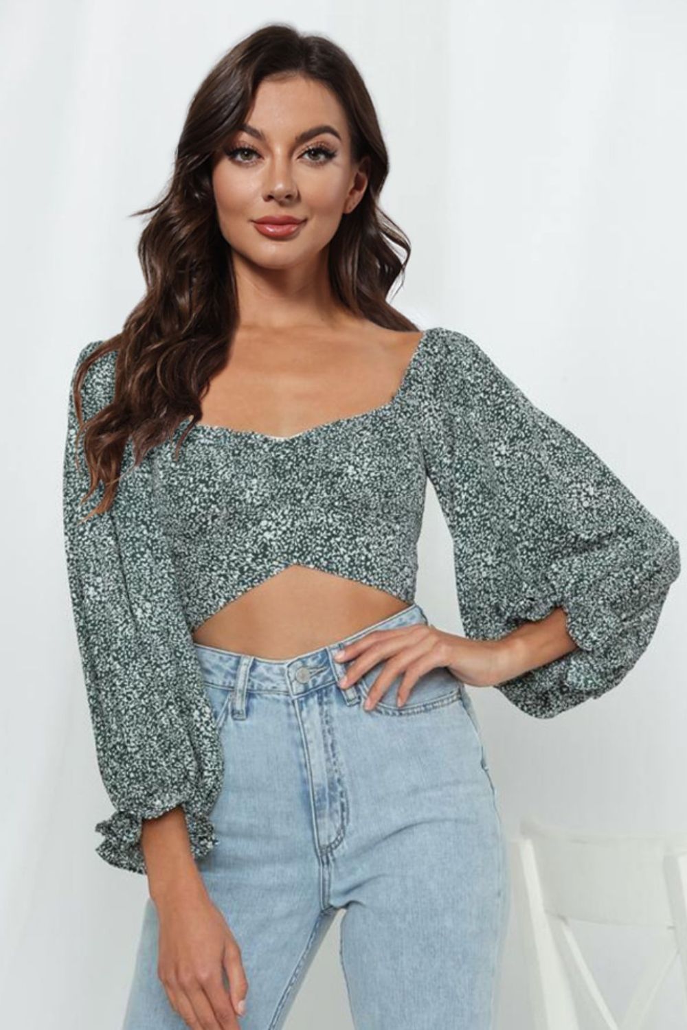Stylish Printed Long Flounce Sleeve Cropped Women's Blouse