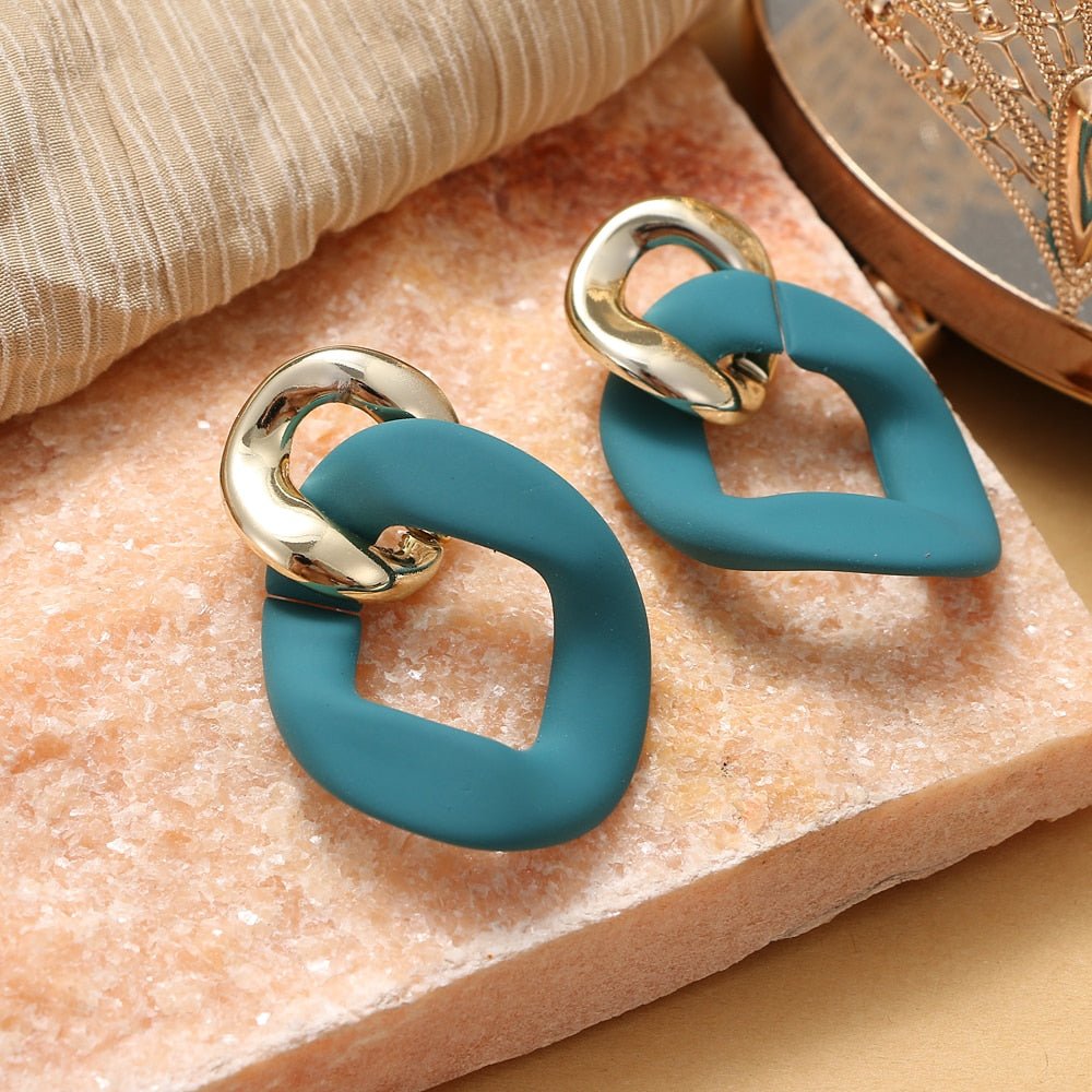 Fashionable Geometric Drop Earrings for Women Made of Acrylic and Zinc Alloy in Black and Turquoise Colors