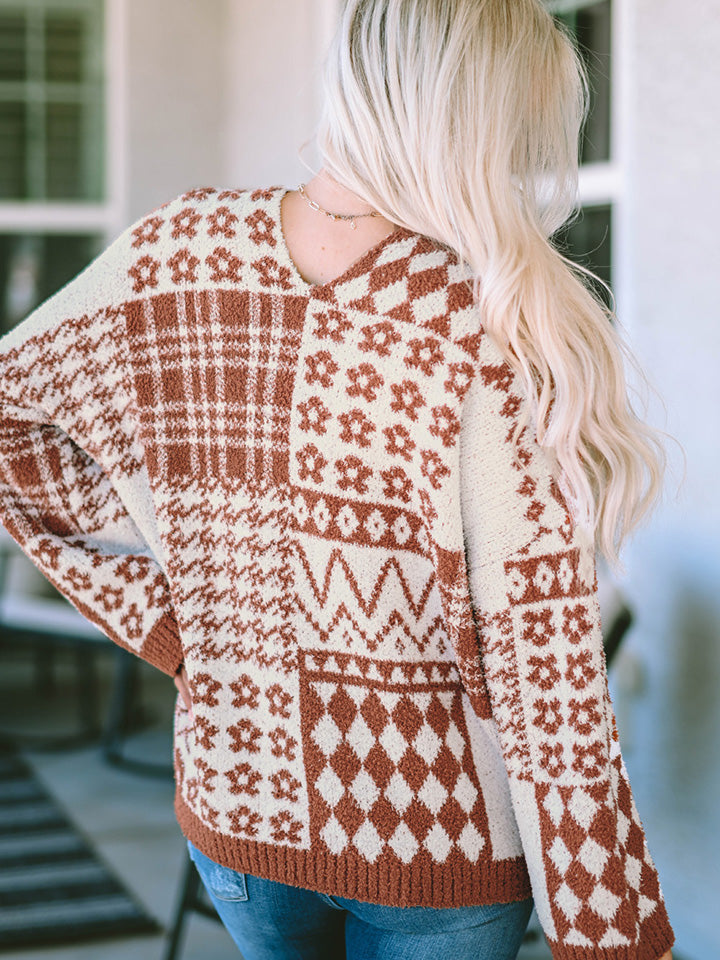 Fashionable Printed V-Neck Long Sleeve Polyester Sweater for Casual Wear