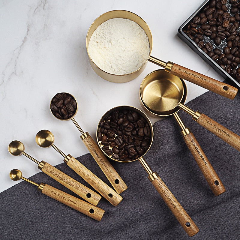Eco-Friendly Wooden Handle Stainless Steel Measuring Spoon Set for Kitchen, Baking & Bartending