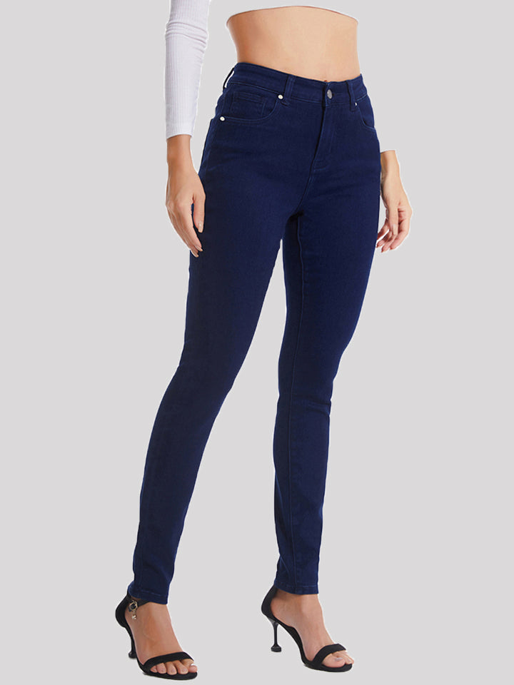 Full-Length Buttoned Jeans in Solid Pattern with Stretchy Fit
