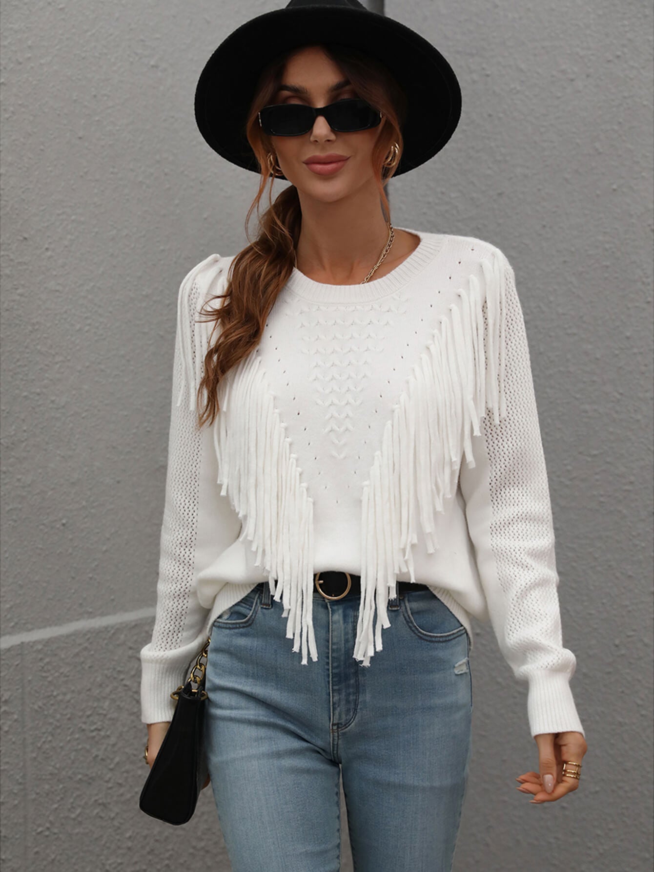 Casual Women's Fringe-Detailed Ribbed Trim Sweater for Regular Sizing