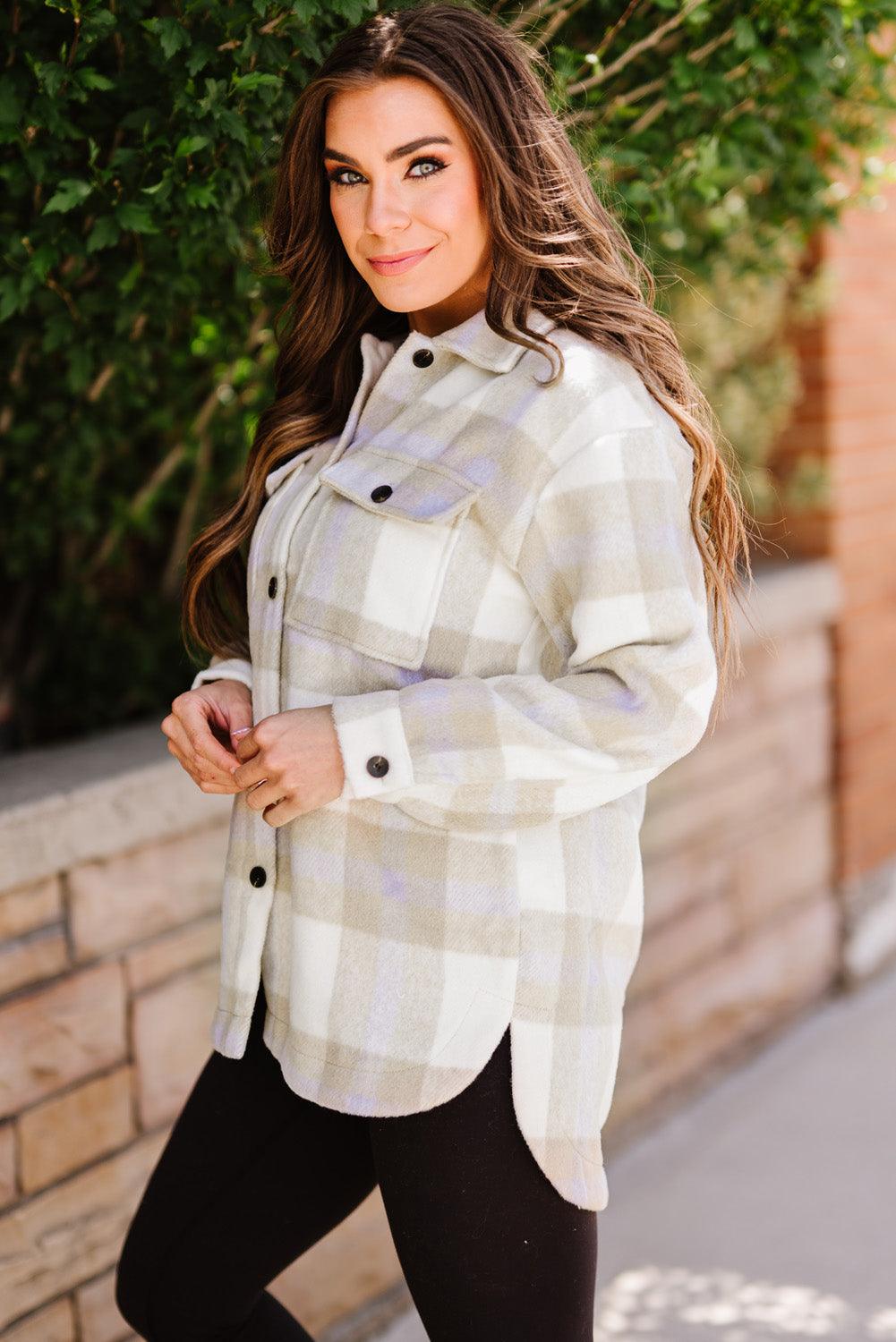 Casual Plaid Dropped Shoulder Pocket Buttoned Shacket for Everyday Wear