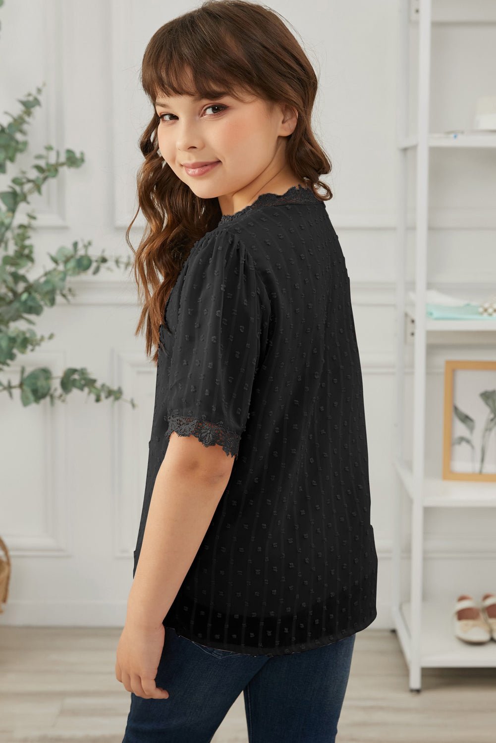 Summer Girls' Blouse with Swiss Dot and Spliced Lace for 4 - 13 Years Old
