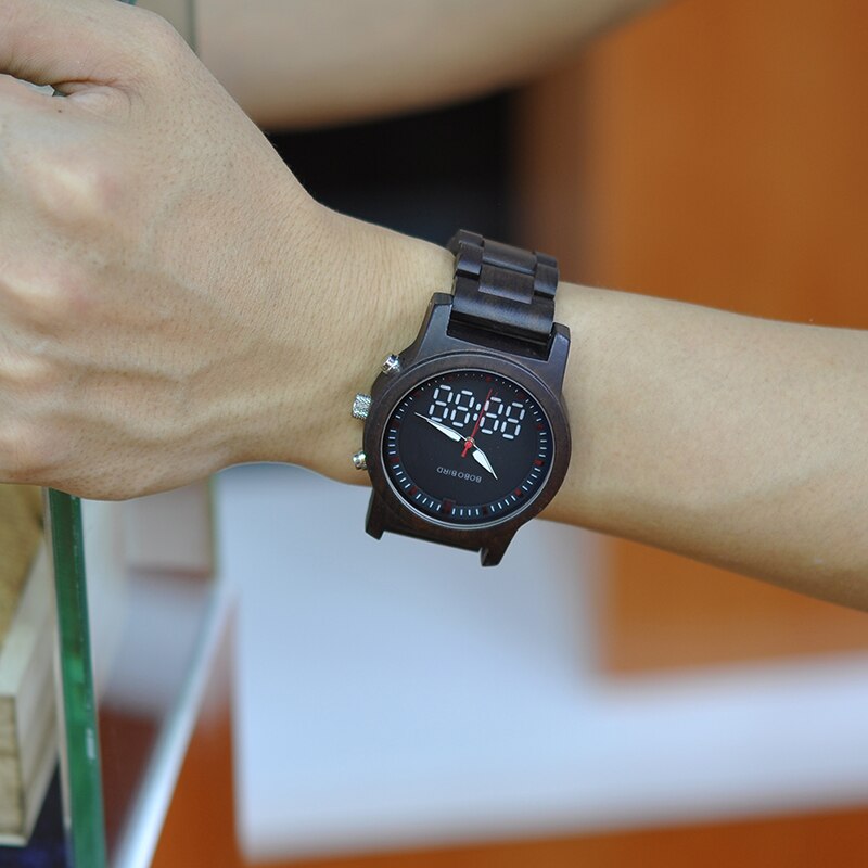 Men's Fashionable Dual Display Quartz Digital Wooden Wristwatch