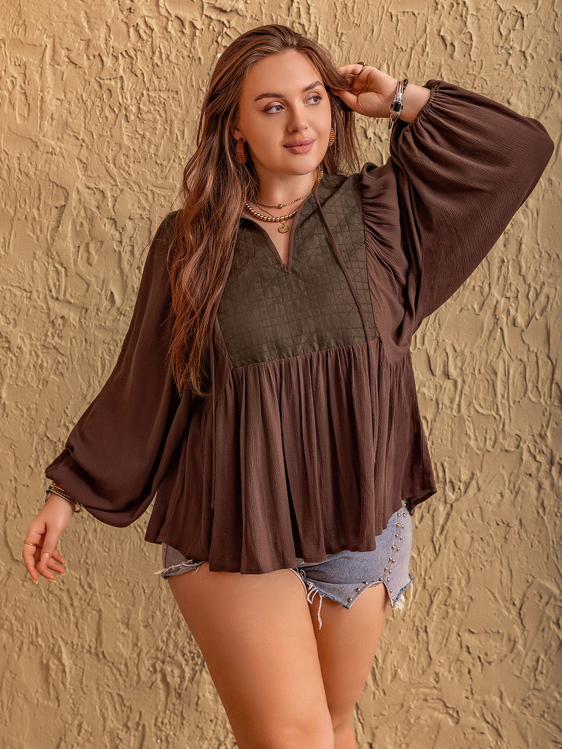 Plus Size Women's Tie Neck Blouse with Balloon Sleeves