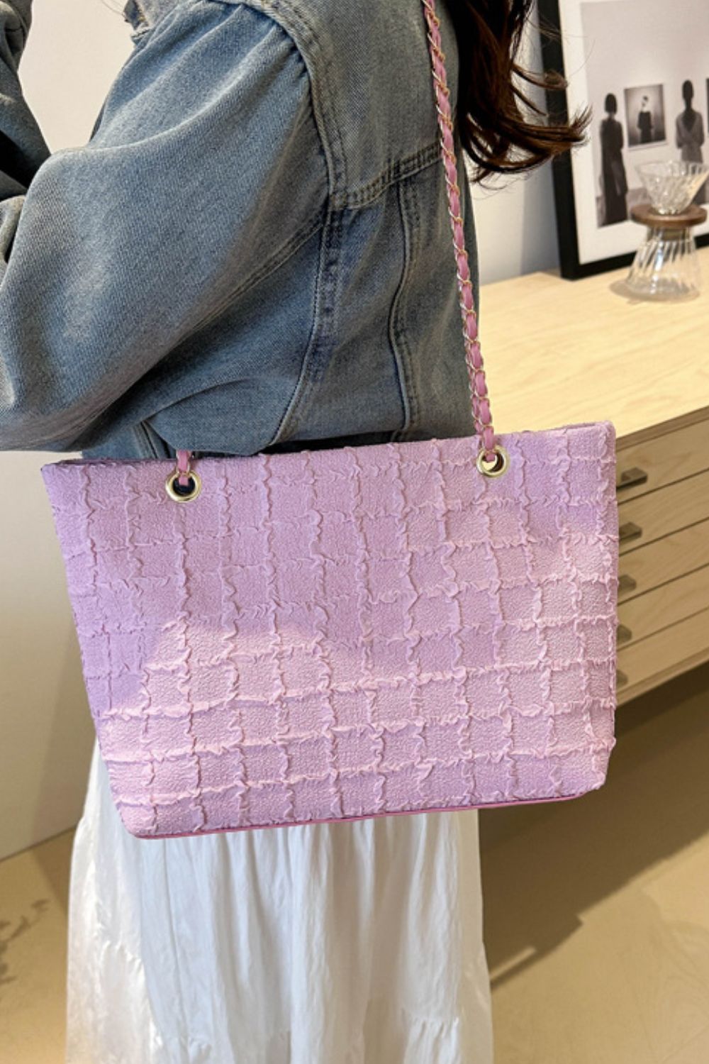 Imported Medium-sized Polyester Tote Bag with Chain Texture