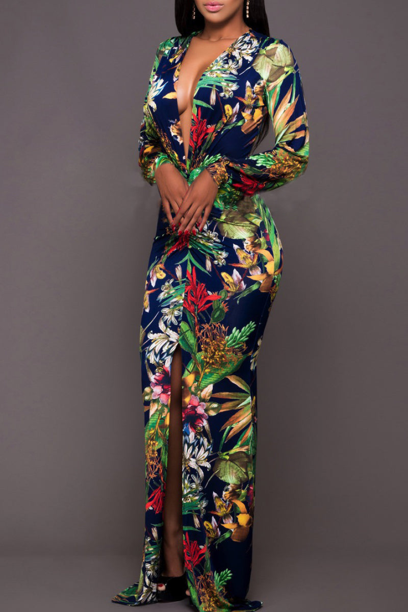 Floral Printed V-Neck Full-Length Maxi Dress with Leg Split