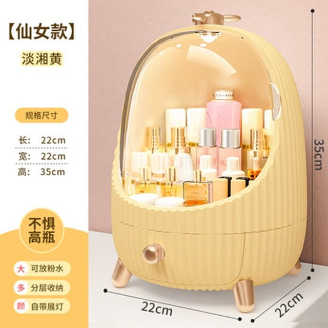 High-End Quality Makeup Storage Case with LED Lighting and Fan - A Modern Desktop Make Up Organizer Drawer for Skincare, Lipstick, and Cosmetics Beauty Box