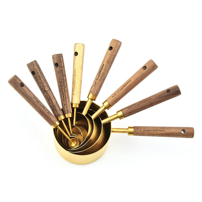 Eco-Friendly Wooden Handle Stainless Steel Measuring Spoon Set for Kitchen, Baking & Bartending