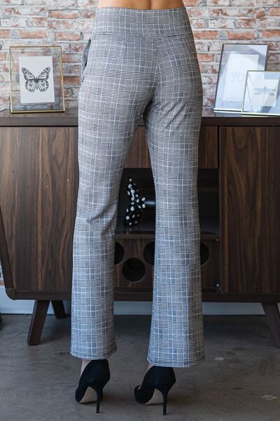 Heimish Full-Size Checkered Flare Trousers with a Wide Elastic Waistband, Suitable for Plus Sizes