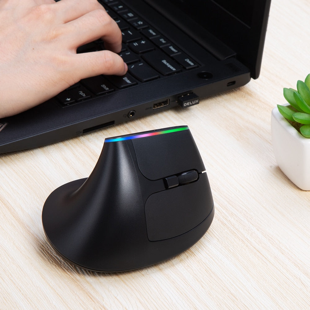 Delux M618C High - Performance Wireless Silent Ergonomic Vertical Six - Button Gaming Optical Mouse with USB Receiver and RGB 1600 DPI for PC and Laptop