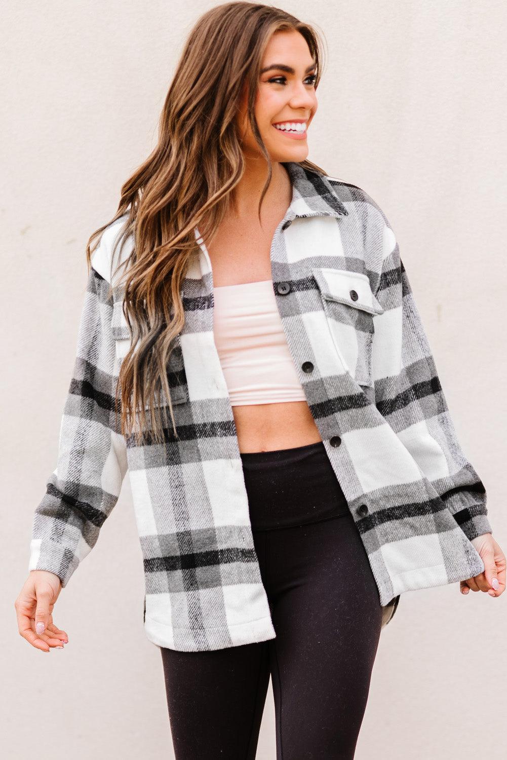 Casual Plaid Dropped Shoulder Pocket Buttoned Shacket for Everyday Wear