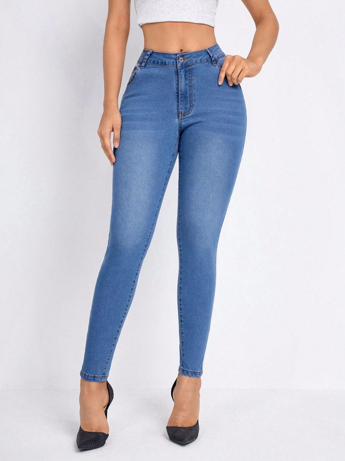 High Stretch, Buttoned High Rise Skinny Jeans with Functional Pockets